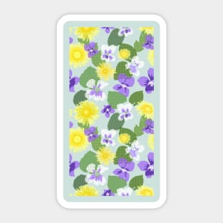 Cross-stitch Dandelions and Violets on Pale Grey Green Vertical Sticker